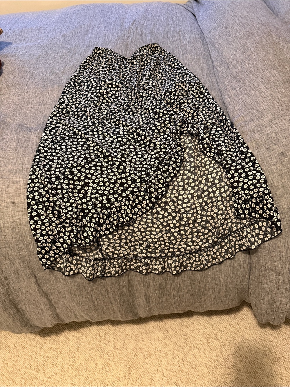 Black Floral Midi Skirt with White Ditsy Print - Women